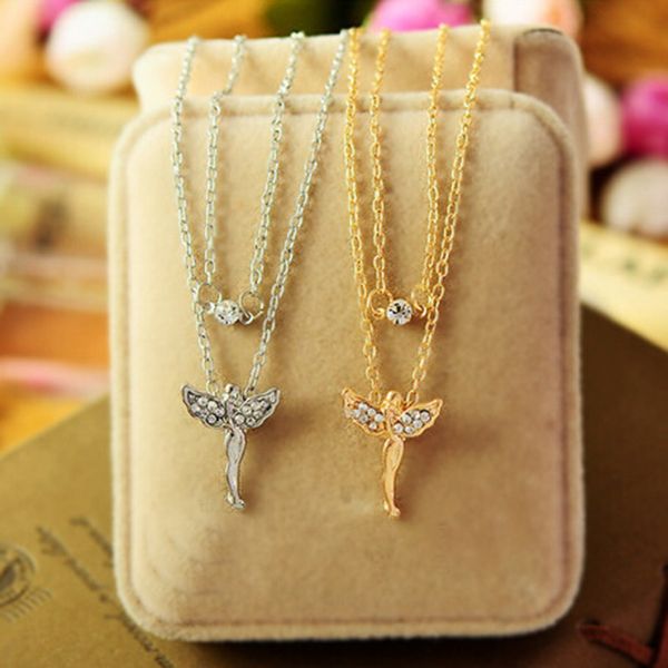 

wholesale-2016 new style women's fashion jewelry gold / silver plated rhinestone inlaid flying angel clavicle chain necklace female