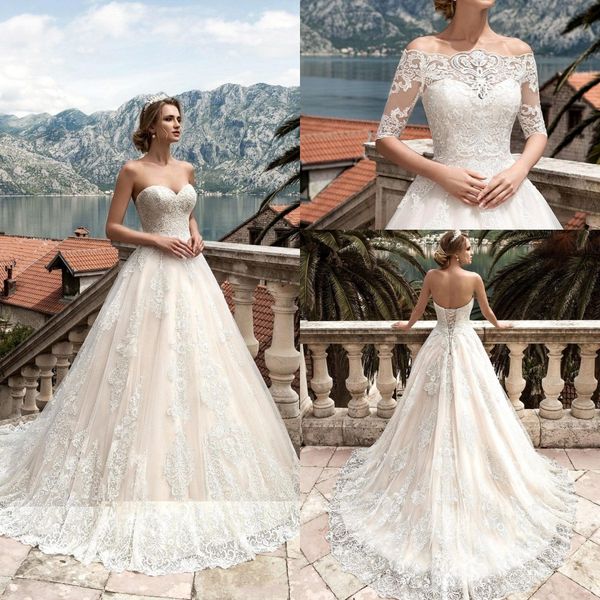 vestidos de noiva 2017 wedding dresses with detachable half long sleeves lace appliqued bridal gowns corset back custom made wedding gowns, White
vestidos de noiva 2017 wedding dresses with detachable half long sleeves lace appliqued bridal gowns corset back custom made wedding gowns, White