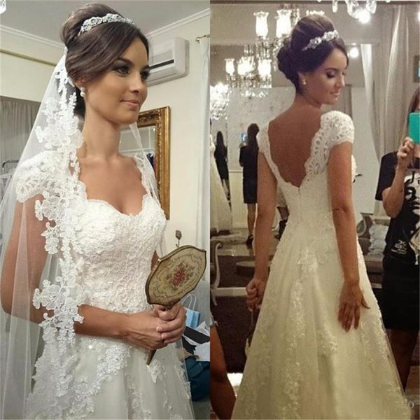 cap sleeves sweetheart neck court train ivory tulle sequin bridal gowns vintage beaded lace backless wedding dresses, White
cap sleeves sweetheart neck court train ivory tulle sequin bridal gowns vintage beaded lace backless wedding dresses, White