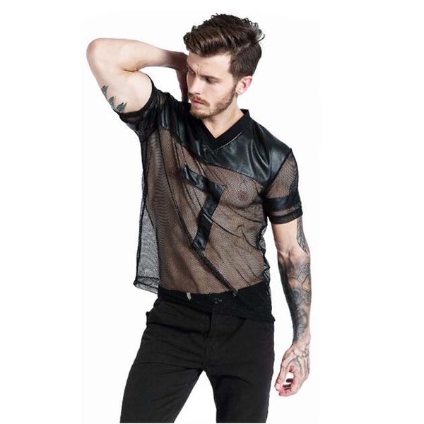 through leather men s-xl short punk see mesh patchwork v collar tee male faux tee breathable sleeve black t-shirts cjnkm
through leather men s-xl short punk see mesh patchwork v collar tee male faux tee breathable sleeve black t-shirts cjnkm