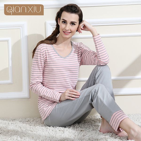 wholesale- qianxiu brand pajamas cotton stripes sleepwear long sleeve lounge wear o-neck women pajama set, Black;red
wholesale- qianxiu brand pajamas cotton stripes sleepwear long sleeve lounge wear o-neck women pajama set, Black;red