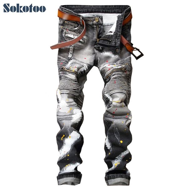 wholesale- sokotoo men's casual painted print biker jeans for moto fashion pleated gray denim pants long trousers, Blue
wholesale- sokotoo men's casual painted print biker jeans for moto fashion pleated gray denim pants long trousers, Blue
