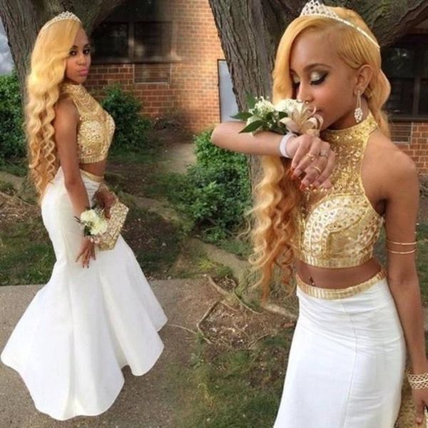 white and gold two pieces prom dresses 2017 high neck beaded with rhinestones mermaid evening party gowns formal dress, Black
white and gold two pieces prom dresses 2017 high neck beaded with rhinestones mermaid evening party gowns formal dress, Black