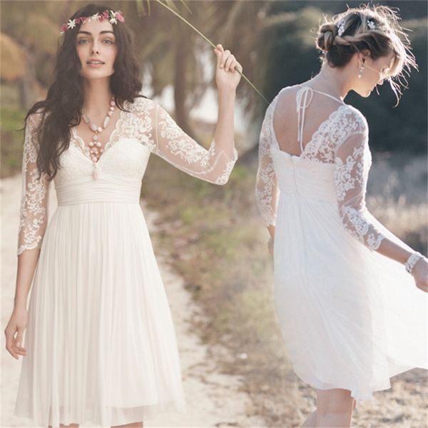 lace knee length beach wedding dress with v-neck 3/4 sleeve ruffles empire backless chiffon summer short bridal gowns fashion, White
lace knee length beach wedding dress with v-neck 3/4 sleeve ruffles empire backless chiffon summer short bridal gowns fashion, White