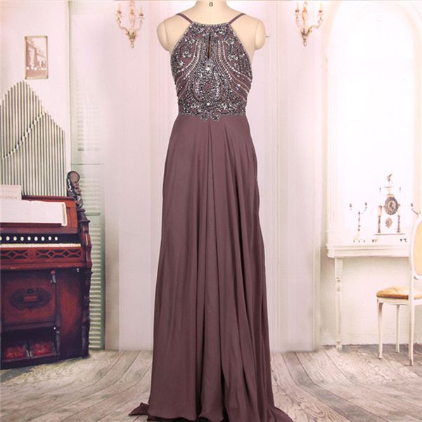 a line chocolate beaded long backless prom dresses spaghetti chiffon guest dress evening gown, Black
a line chocolate beaded long backless prom dresses spaghetti chiffon guest dress evening gown, Black