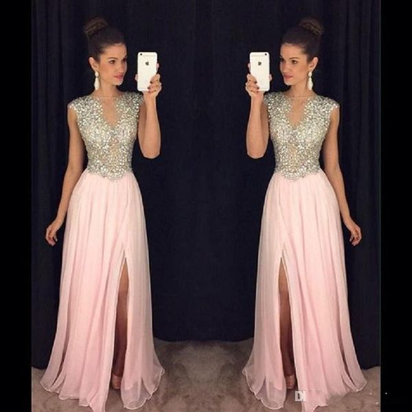 blush pink beaded long prom dressess 2017 gorgeous slit cap sleeve evening gowns sheer chiffon a-line special occasion party dress, Black
blush pink beaded long prom dressess 2017 gorgeous slit cap sleeve evening gowns sheer chiffon a-line special occasion party dress, Black