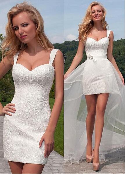 2019 new lace short wedding dresses with detachable train summer style bow sash spaghetti strap sheath bridal gowns vestidos de noiva w615, White
2019 new lace short wedding dresses with detachable train summer style bow sash spaghetti strap sheath bridal gowns vestidos de noiva w615, White