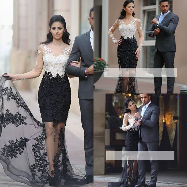 2017 new elegant lace appliques sheer mermaid prom dresses long sleeves beading white and black dresses evening wear arabic party gown
2017 new elegant lace appliques sheer mermaid prom dresses long sleeves beading white and black dresses evening wear arabic party gown