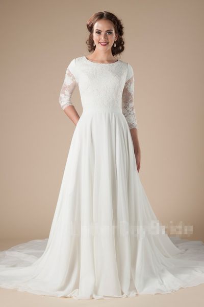 new arrival long lace chiffon beach modest wedding dresses with 34 sleeves boho informal lds wedding dresses temple bridal gowns, White
new arrival long lace chiffon beach modest wedding dresses with 34 sleeves boho informal lds wedding dresses temple bridal gowns, White