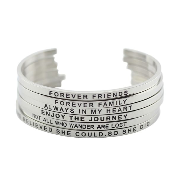 316l stainless steel engraved positive inspirational quote hand stamped cuff mantra bracelet bangle for women jewelry, Black