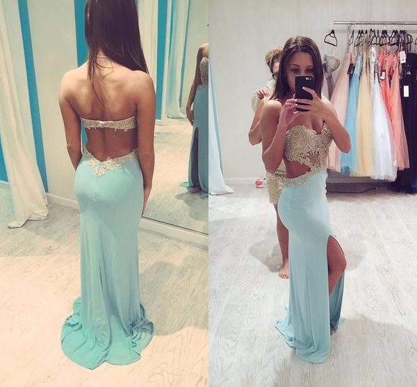 pinned baby blue evening dress backless sweetheart neckline sparkly golden appliques chiffon side slit mermaid prom dress, Black
pinned baby blue evening dress backless sweetheart neckline sparkly golden appliques chiffon side slit mermaid prom dress, Black