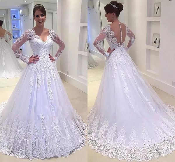 vintage lace applique crystal wedding dresses 2019 plus size long sleeves v neck covered button sweep train bridal gowns, White
vintage lace applique crystal wedding dresses 2019 plus size long sleeves v neck covered button sweep train bridal gowns, White