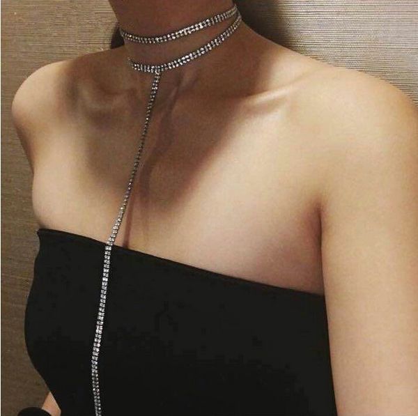 

women long rhinestone choker necklace jewelry double strand layered rhinestones crystal chokers long necklace qd, Golden;silver