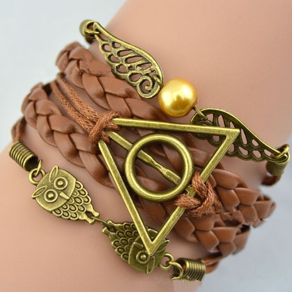 

wholesale-harry multilayer braided bracelets vintage owl deathly hallows wings infinity bracelet bangle gryffindor slytherin ng, Golden;silver