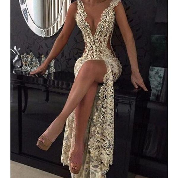 2017 Sexy Lace Mermaid Evening Dresses Deep V Neck Beaded High Slit Transparent African Prom Party Wear robe de soiree
2017 Sexy Lace Mermaid Evening Dresses Deep V Neck Beaded High Slit Transparent African Prom Party Wear robe de soiree