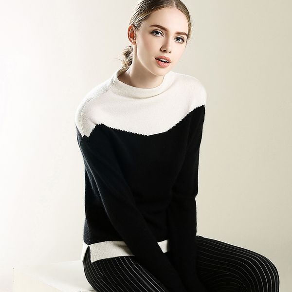 

wholesale- women pullovers 100% goat cashmere sweater 2016 new fashion patchwork o neck sweaters knitwear standard clothes jumpers, White;black