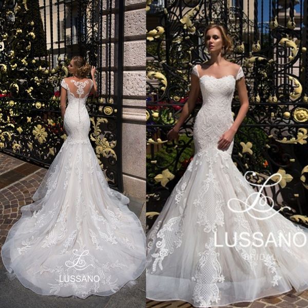 sheer cap sleeves wedding dresses mermaid exquisite appliques bridal gowns court train vestidos de novia custom made, White
sheer cap sleeves wedding dresses mermaid exquisite appliques bridal gowns court train vestidos de novia custom made, White