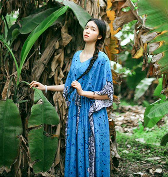 roses printing national long dress, Black;gray