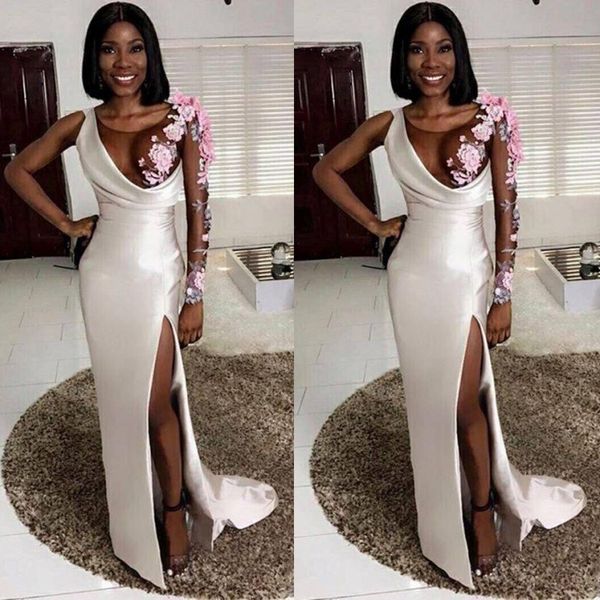 gorgeous sheer neck floral appliques evening gowns south african illusion one long sleeve prom dresses side split satin formal party dress, Black
gorgeous sheer neck floral appliques evening gowns south african illusion one long sleeve prom dresses side split satin formal party dress, Black