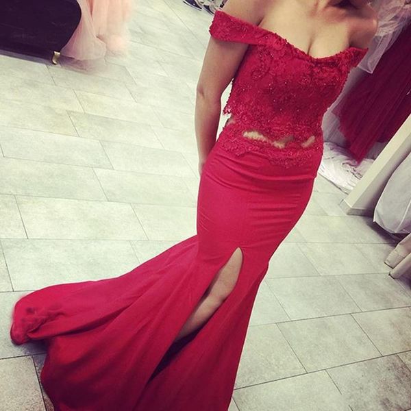 2017 new elegant off the shoulder mermaid two pieces prom dresses red lace sequins side split evening dresses pageant gowns, Black
2017 new elegant off the shoulder mermaid two pieces prom dresses red lace sequins side split evening dresses pageant gowns, Black