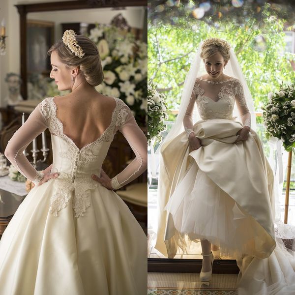 2017 modest wedding dresses with sleeves sheer lace applique jewel neck elegant ivory a line backless long satin country bridal gowns, White
2017 modest wedding dresses with sleeves sheer lace applique jewel neck elegant ivory a line backless long satin country bridal gowns, White