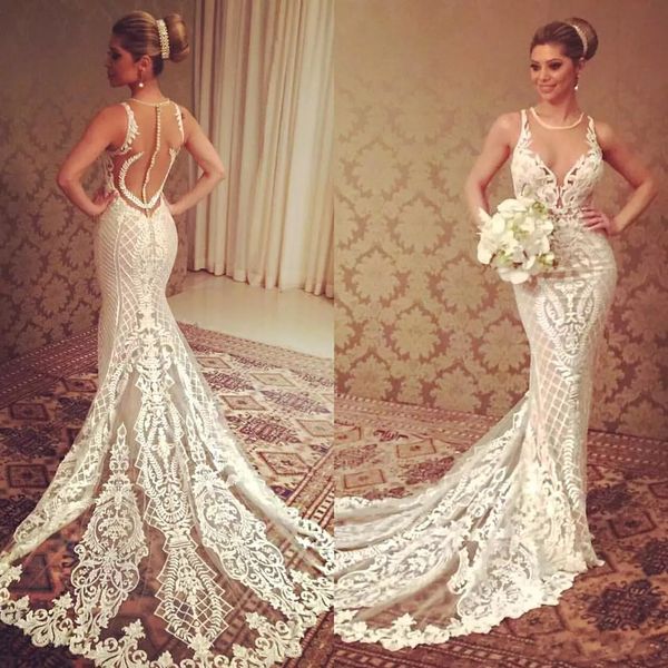 2018 berta mermaid wedding dresses lace applique sheer jewel neckline beading bridal gowns button covered court train wedding dress, White
2018 berta mermaid wedding dresses lace applique sheer jewel neckline beading bridal gowns button covered court train wedding dress, White