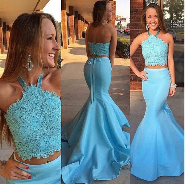 light blue mermaid 2 pieces prom dresses halter neck beaded lace satin floor length new girls party gowns custom size, Black
light blue mermaid 2 pieces prom dresses halter neck beaded lace satin floor length new girls party gowns custom size, Black