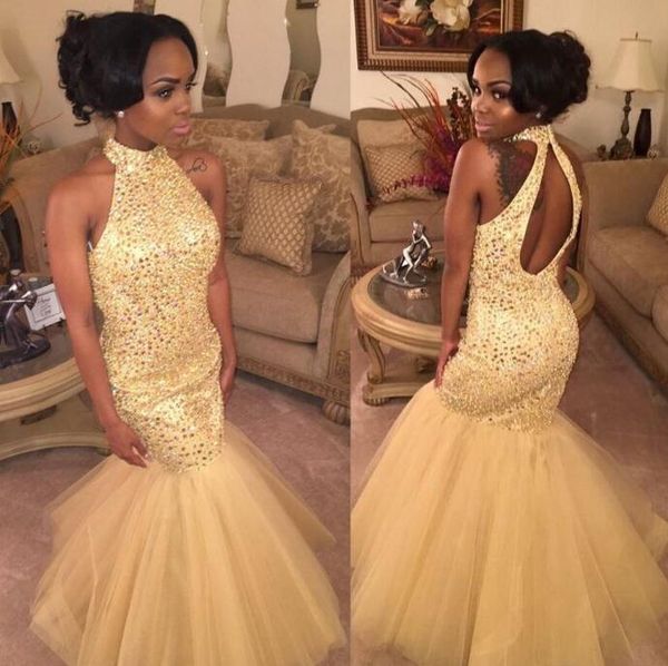 2017 high neck puffy mermaid prom dresses long yellow tulle bling sequins backless evening party major beading gown, Black
2017 high neck puffy mermaid prom dresses long yellow tulle bling sequins backless evening party major beading gown, Black