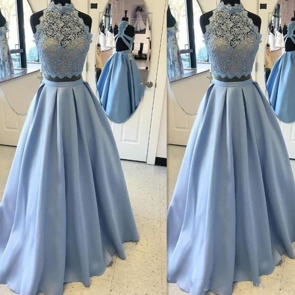 2017 dusty blue two pieces prom dresses light sky blue satin and lace high neck backless modest a-line evening gowns party dress, Black
2017 dusty blue two pieces prom dresses light sky blue satin and lace high neck backless modest a-line evening gowns party dress, Black