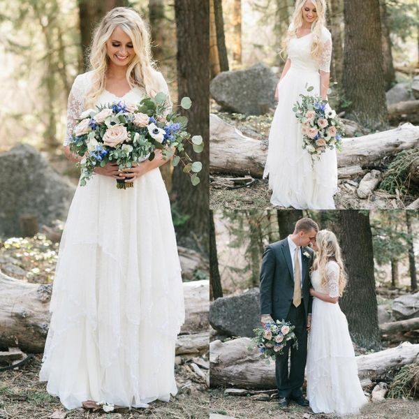 2018 western country bohemian forest wedding dresses lace chiffon modest v neck half sleeves long bridal gowns plus size dress for wedding, White
2018 western country bohemian forest wedding dresses lace chiffon modest v neck half sleeves long bridal gowns plus size dress for wedding, White