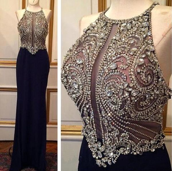 2017 new sparkly bling dark navy full crystal rhinestones beaded mermaid prom dresses backless illusion bodices evening gowns, Black
2017 new sparkly bling dark navy full crystal rhinestones beaded mermaid prom dresses backless illusion bodices evening gowns, Black