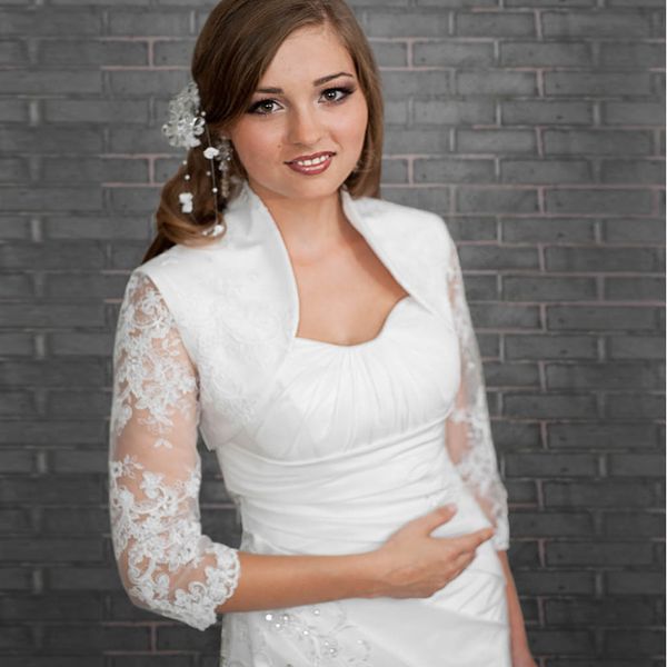 Special Design Transparent 3/4 Sleeve Satin And Tulle White Bridal Bolero With Appliques Luxury Wedding Accessories