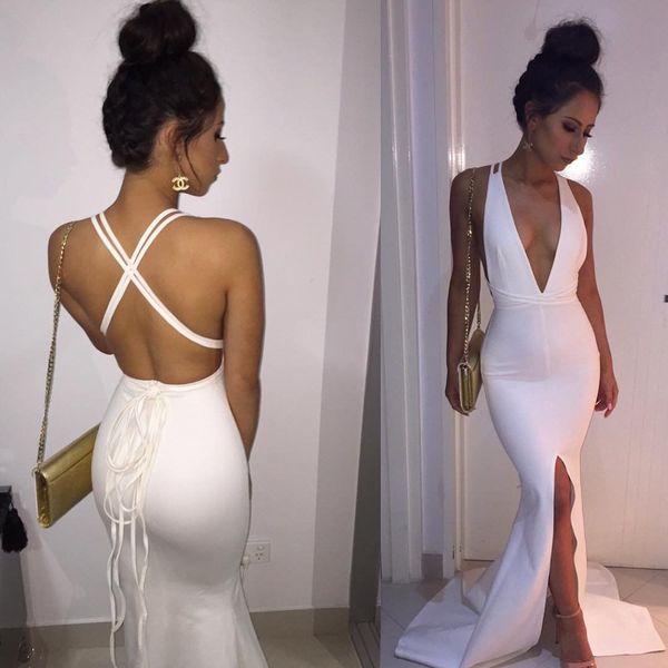 white mermaid evening gowns 2017 deep v-neck criss-cross backless front split satin formal long prom party dresses, Black;red
white mermaid evening gowns 2017 deep v-neck criss-cross backless front split satin formal long prom party dresses, Black;red
