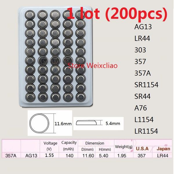 200 шт. 1 лот AG13 LR44 303 357 357A SR1154 SR44 A76 L1154 LR1154 1,55 В щелочная кнопка батареи монета батаре
200 шт. 1 лот AG13 LR44 303 357 357A SR1154 SR44 A76 L1154 LR1154 1,55 В щелочная кнопка батареи монета батаре