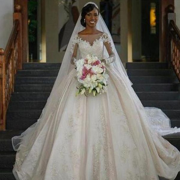 cathedral wedding dress gorgeous african ball gown wedding dresses sheer bateau neck illusion long sleeves lace appliques puffy bridal gown, White
cathedral wedding dress gorgeous african ball gown wedding dresses sheer bateau neck illusion long sleeves lace appliques puffy bridal gown, White