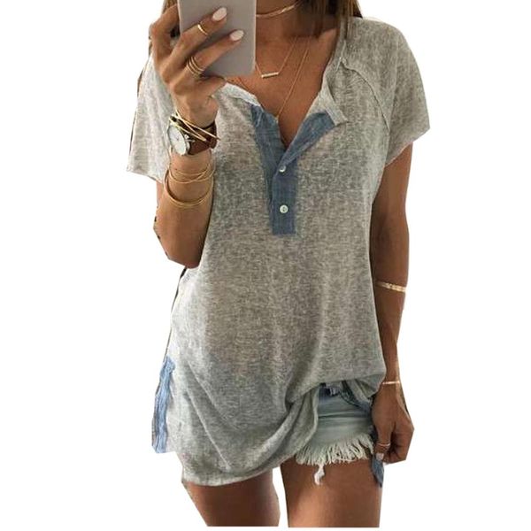 

wholesale- feitong casual t shirt women fashion v neck loose cotton blend button tee shirt femme vetement camisetas feminina, White