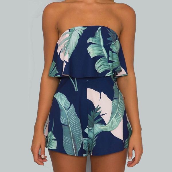 Ladies Summer Casual Sexy Loose Beach Floral Print Strapless Romper Womens Slash Neck Bandeau Playsuit Jumpsuit Siamese Shorts