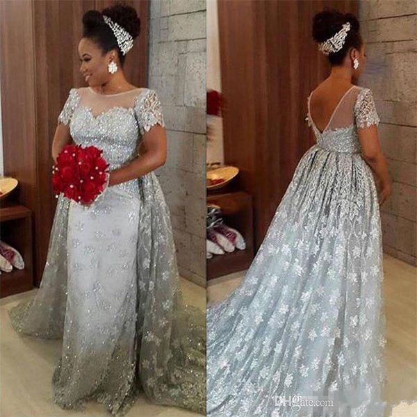 plus size silver bridal dresses with short sleeves lace backless detachable train arabic formal wedding gowns, White
plus size silver bridal dresses with short sleeves lace backless detachable train arabic formal wedding gowns, White