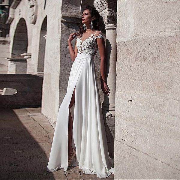 chiffon bateau neckline a-line wedding dresses with lace appliques front slit elegant chiffon short sleeves bridal dress, White
chiffon bateau neckline a-line wedding dresses with lace appliques front slit elegant chiffon short sleeves bridal dress, White