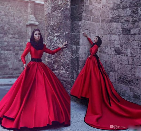 muslim long sleeves 2017 prom gowns high neck beads satin red prom dress long with sash beads african dresses party evening wear, Black
muslim long sleeves 2017 prom gowns high neck beads satin red prom dress long with sash beads african dresses party evening wear, Black