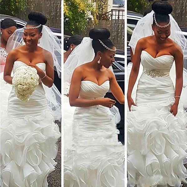 2021 ruffles mermaid wedding dresses sweetheart ruched beaded waist white organza long train tiered skirts formal bridal gowns
2021 ruffles mermaid wedding dresses sweetheart ruched beaded waist white organza long train tiered skirts formal bridal gowns