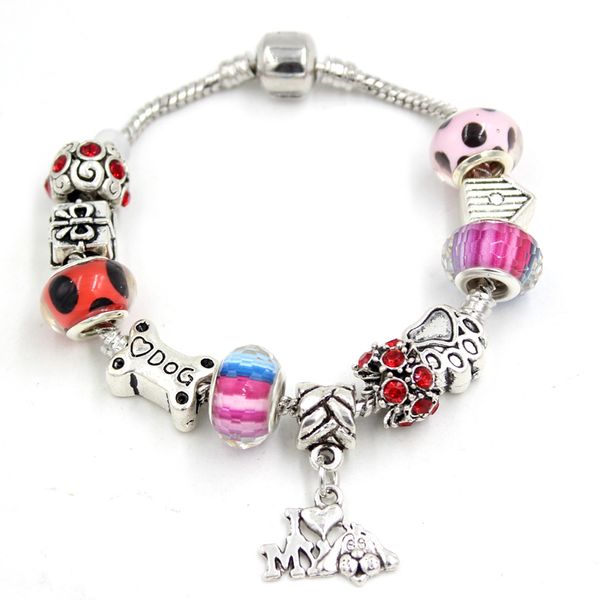 

new arrival diy pet dog bone paw print i love dog charm bracelet european style bead bracelets for women gift jewelry bijoux pulsera, Golden;silver