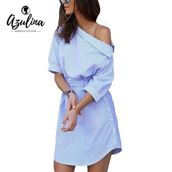 wholesale- azulina casual blue striped shirt dress women one shoulder mini beach dress with belt half sleeve vestidos robe femme 2017, White;black
wholesale- azulina casual blue striped shirt dress women one shoulder mini beach dress with belt half sleeve vestidos robe femme 2017, White;black