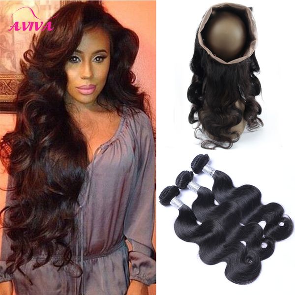 

360 full lace frontal closure with 3 bundles brazilian virgin human hair weaves body wave peruvian indian malaysian cambodian wavy remy hair, Black;brown