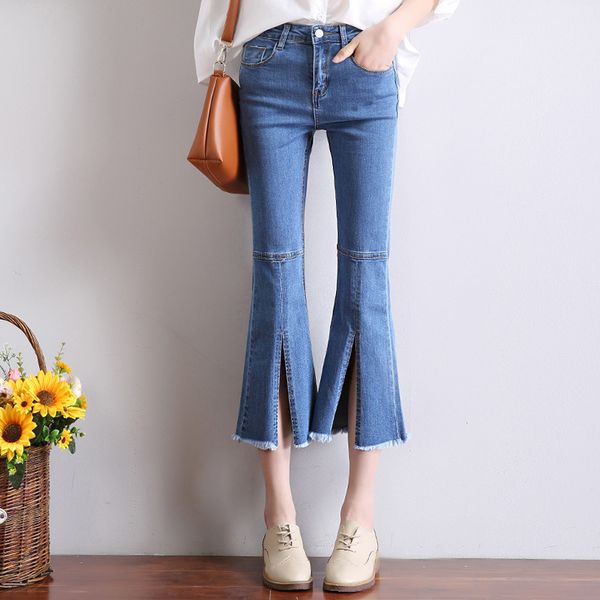 high waisted denim flares in the spring of 2017 new korean women slim slim pants seven slit edges with flared jeans, Blue
high waisted denim flares in the spring of 2017 new korean women slim slim pants seven slit edges with flared jeans, Blue