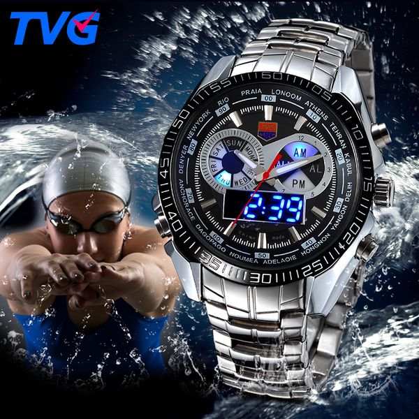 wholesale- tvg stainless steel luxury band fashion black digital watch sport men's analog led dual time zone 3atm waterproof relojes ho, Slivery;brown
wholesale- tvg stainless steel luxury band fashion black digital watch sport men's analog led dual time zone 3atm waterproof relojes ho, Slivery;brown