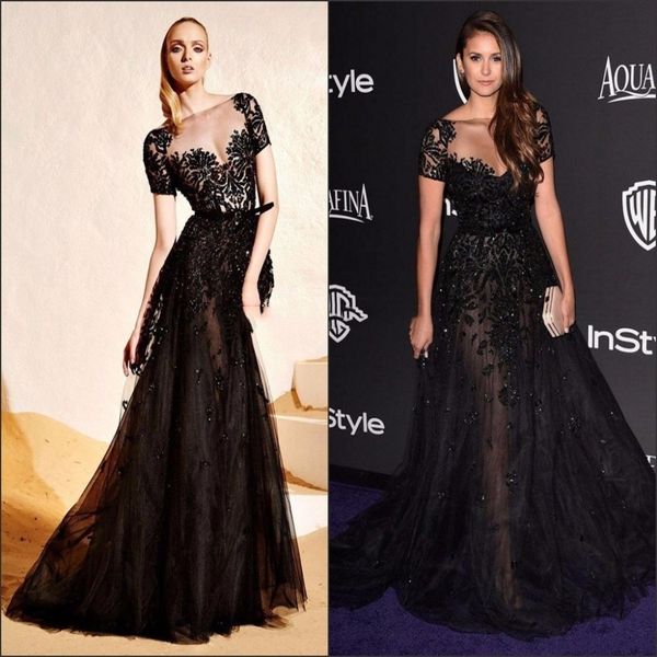 2017 luxury gorgeous black beaded evening dresses sheer bateau short sleeve applique red carpet celebrity dresses formal prom gowns, Black;red
2017 luxury gorgeous black beaded evening dresses sheer bateau short sleeve applique red carpet celebrity dresses formal prom gowns, Black;red