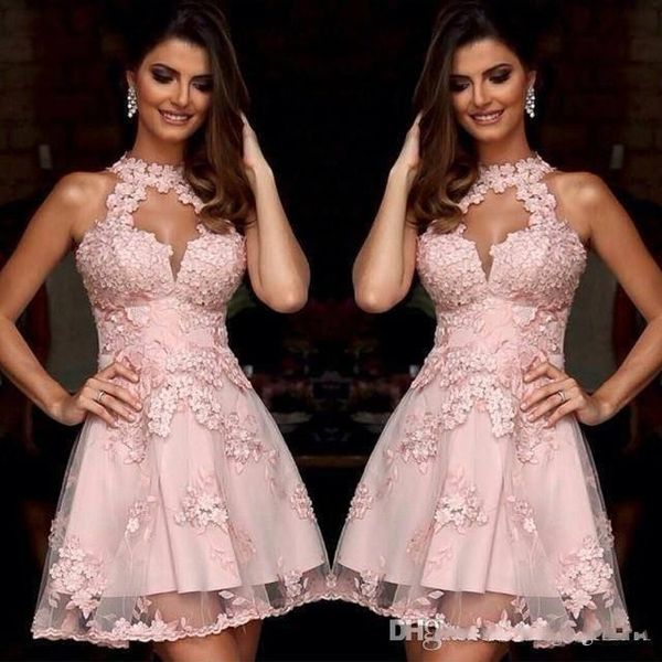 

2017 semi formal cocktail dresses illusion high neck lace homecoming dresses sheer neck short blush pink prom party gowns sleeveless, Black