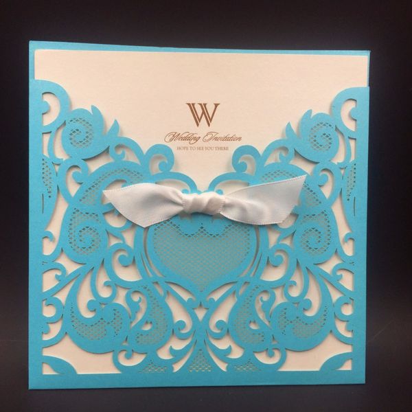 

wholesale- tiffany blue 12pc wedding party invitation card romantic cards envelope pocket laser cut wedding invitations card christmas card