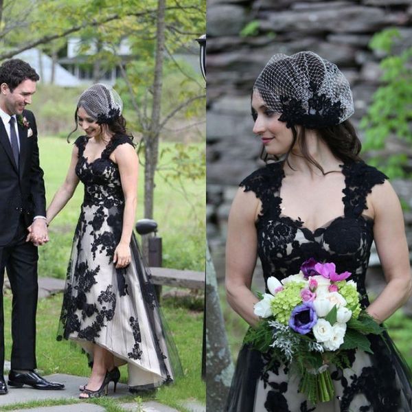 vintage plus size high low wedding dress gothic black lace appliques tulle light champagne lining short bridal gowns sweetheart neck zipper, White
vintage plus size high low wedding dress gothic black lace appliques tulle light champagne lining short bridal gowns sweetheart neck zipper, White
